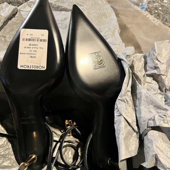 Tom Ford Padlock Black Leather Heels Women Pointed Toe Golden Kitty Heel Size 39 - Picture 12 of 13